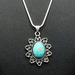 925 Sterling Silver Necklace w/ Turquoise Vtg Boho Floral Pendant Women's Gift